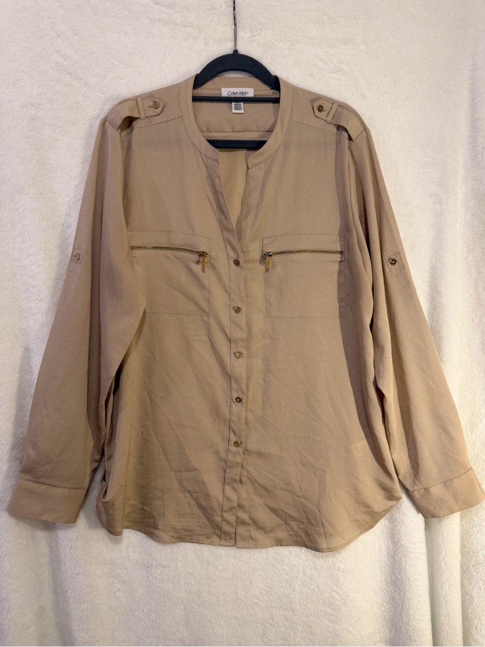 Calvin Klein Womens Top Size Large Beige Utility Safari Gold Detail Button Down